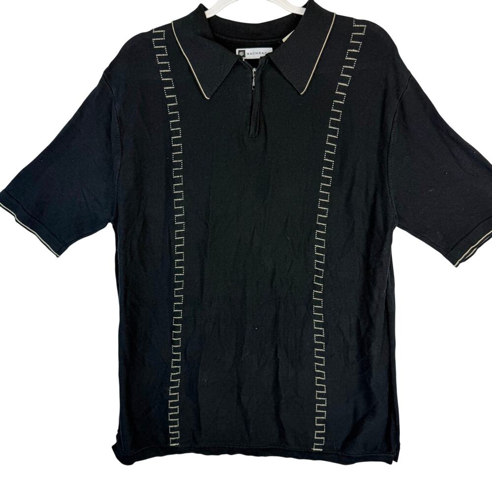 Vintage Bachrach Silk Cotton Knit Quarter Zip Polo Shirt Mens‎ Size L Black